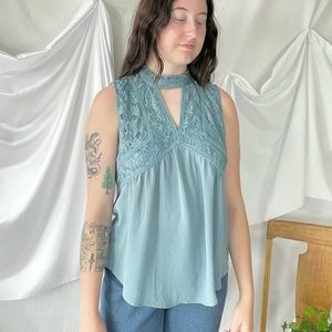 Blue Tank Blouse with Lace Top and Neckline Cutout - Large